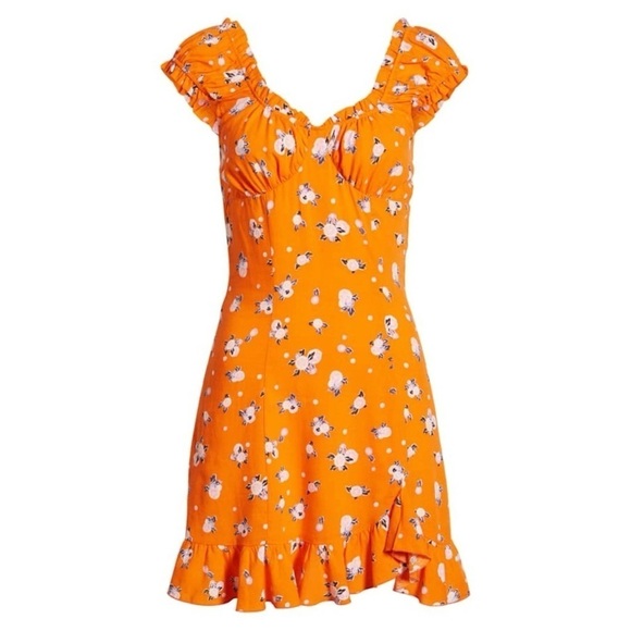 Free People Like A Lady Linen Mini Dress in Orange  Medium Fruit Ruffles Picnic - Picture 17 of 17